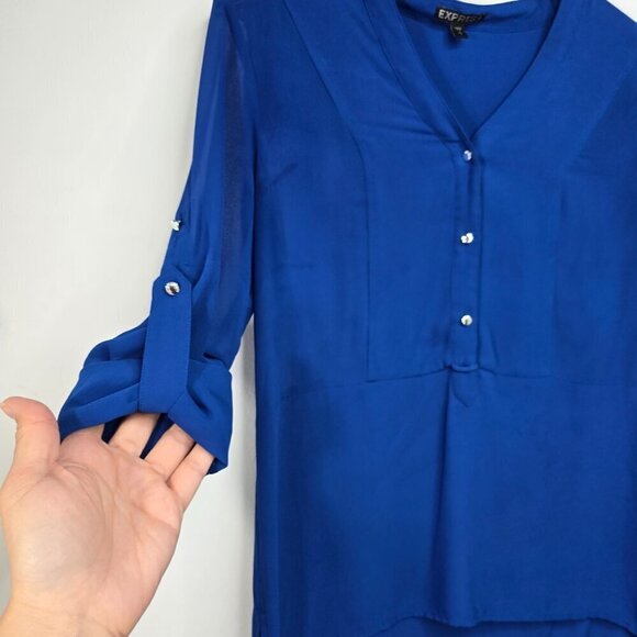 Express Royal Blue Flowy Roll Tab Henley Long Sleeve Top - Picture 6 of 8